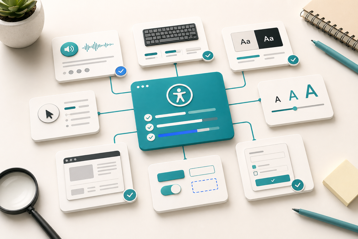 Accessibility audit board showing manual testing checks for screen reader keyboard contrast text zoom forms and component states