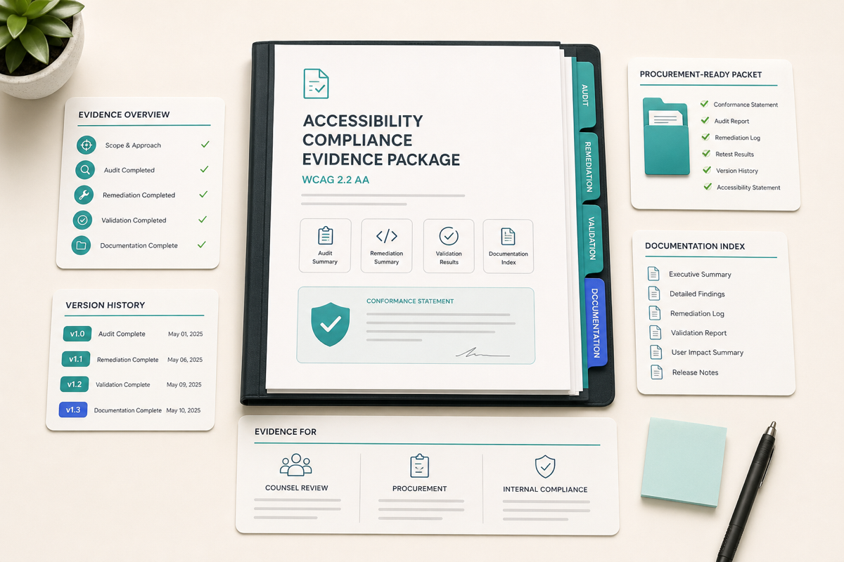 Accessibility compliance evidence package with conformance statement remediation log validation report version history and procurement review materials